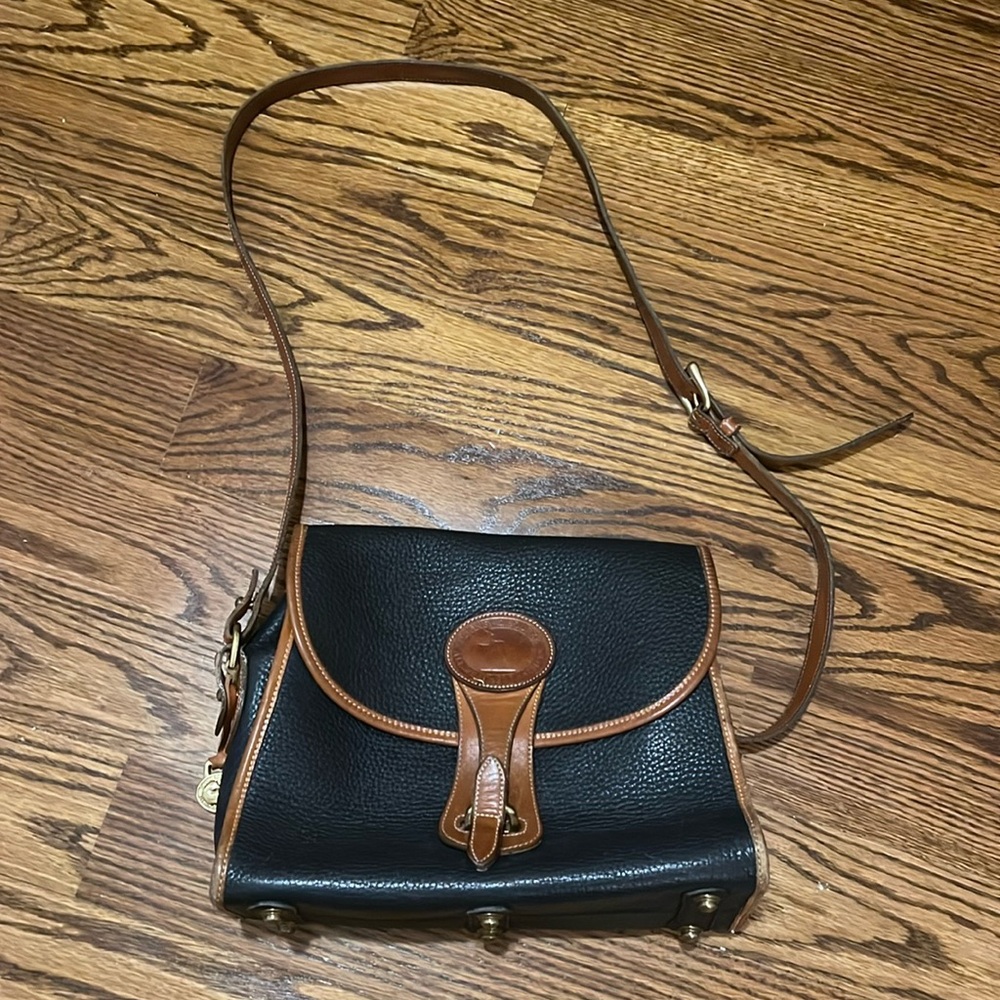 Dooney & Bourke Navy Blue Vintage Leather Shoulder / Crossbody Bag W/ Brown Trim